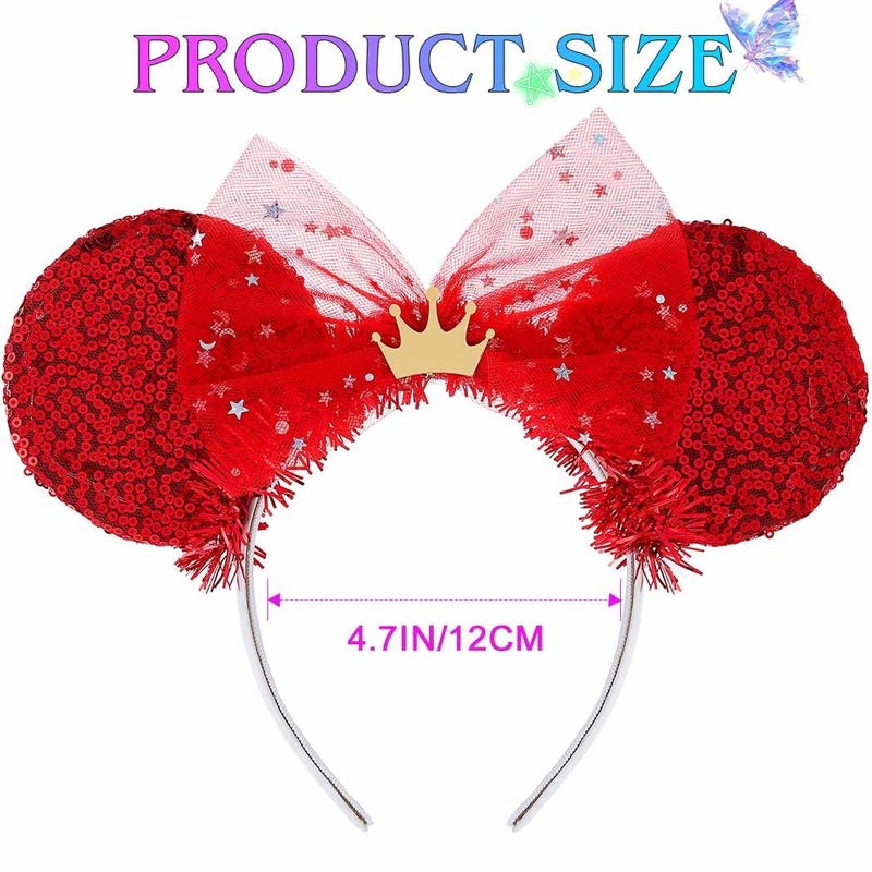 ACEDRE Light Up Mouse Ears Headband Sequin Bow Princess Crown Hair Accessories for Women (D-Red, One Size) - Image 3